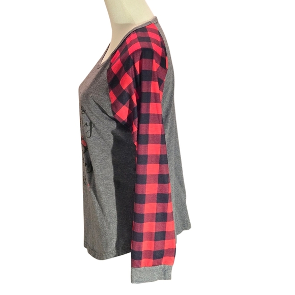 Buffalo Plaid Red & Black Sleeves Gray Shell Holiday Long Sleeve Tee Women M - Picture 2 of 10